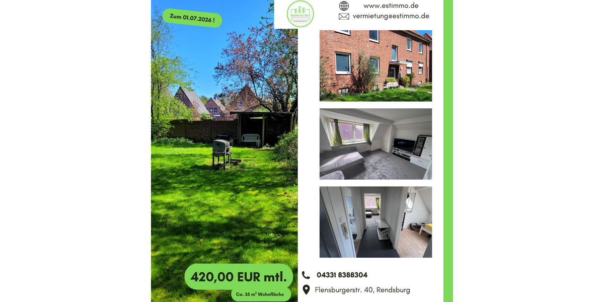 Etagenwohnung Rendsburg - 2 Zimmer, 35 m&sup2;, 420&euro; | Angebot:26627755