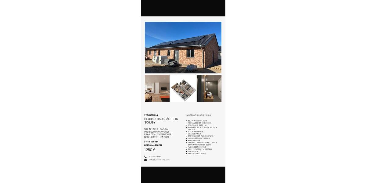 Doppelhaushälfte Schuby - 3 Zimmer, 87 m&sup2;, 1.250&euro; | Angebot:26420109